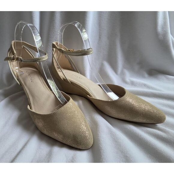 Steffie's Shoes I Size 10 I Suede Metallic Wedge Heel Strap Landmark I Tan Beige - Picture 9 of 16
